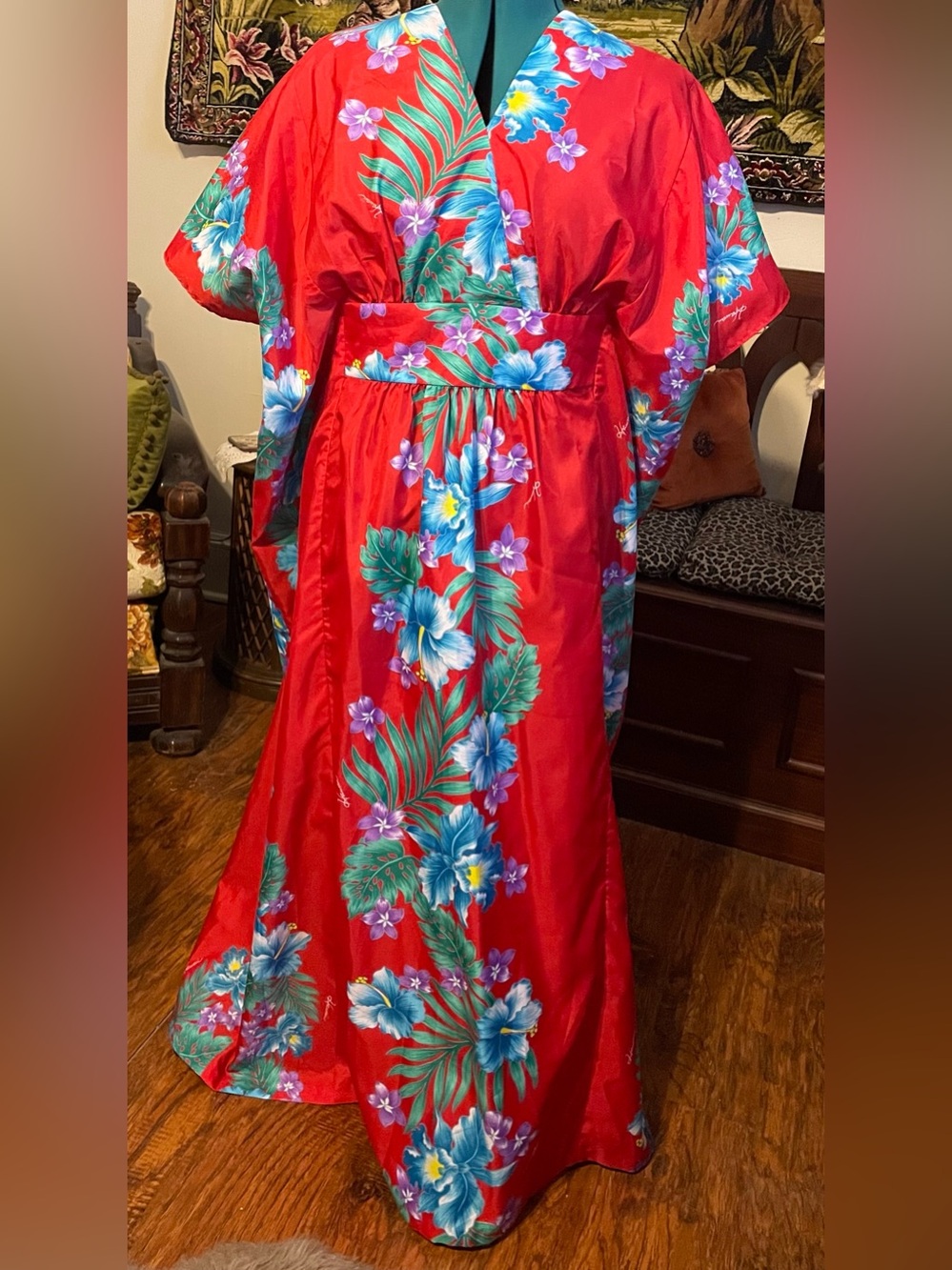 Vibrant Red Floral Vintage Maxi Caftan from Hawaii